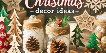 DALL·E 2024-10-21 21.04.37 - A festive DIY Christmas decor thumbnail for a WordPress blog, featuring a mix of handmade decorations like mason jar snow globes, pinecone Christmas t