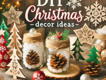 DALL·E 2024-10-21 21.04.37 - A festive DIY Christmas decor thumbnail for a WordPress blog, featuring a mix of handmade decorations like mason jar snow globes, pinecone Christmas t