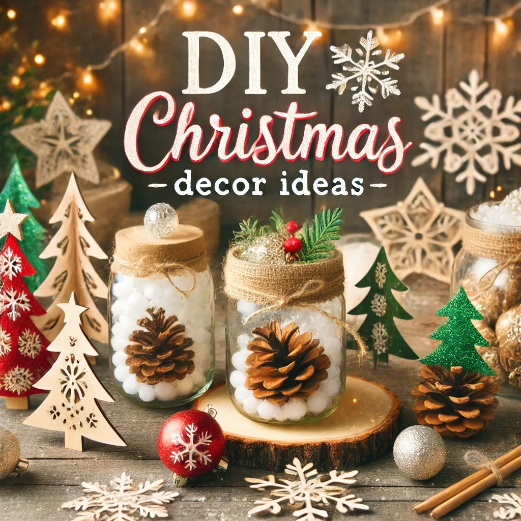 DALL·E 2024-10-21 21.04.37 - A festive DIY Christmas decor thumbnail for a WordPress blog, featuring a mix of handmade decorations like mason jar snow globes, pinecone Christmas t