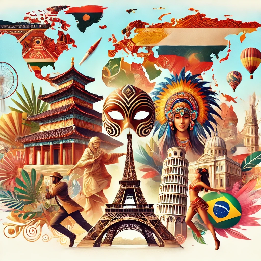 DALL·E 2024-10-23 21.23.33 - A visually appealing thumbnail image representing 'Exploring the Diverse Cultures of the World.' The image features a collage of cultural elements fro