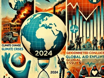 DALL·E 2024-10-24 22.03.40 - An image representing global crises in 2024, featuring a collage of symbolic elements such as a melting globe to signify climate change, a war-torn la