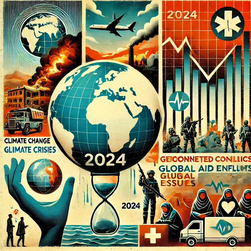 DALL·E 2024-10-24 22.03.40 - An image representing global crises in 2024, featuring a collage of symbolic elements such as a melting globe to signify climate change, a war-torn la