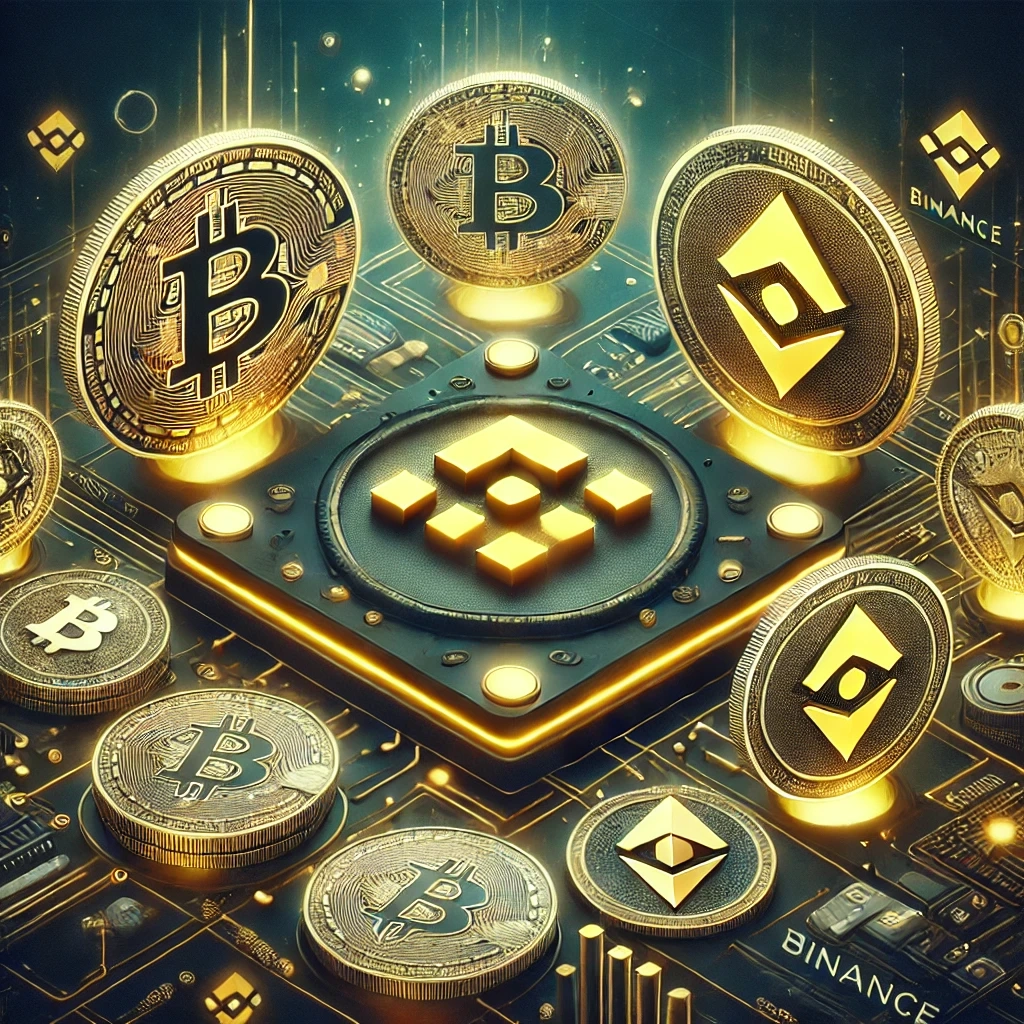 DALL·E 2024-10-25 20.19.21 - A digital illustration representing a cryptocurrency exchange platform, featuring the Binance logo, Bitcoin, and various altcoins like Ethereum in the