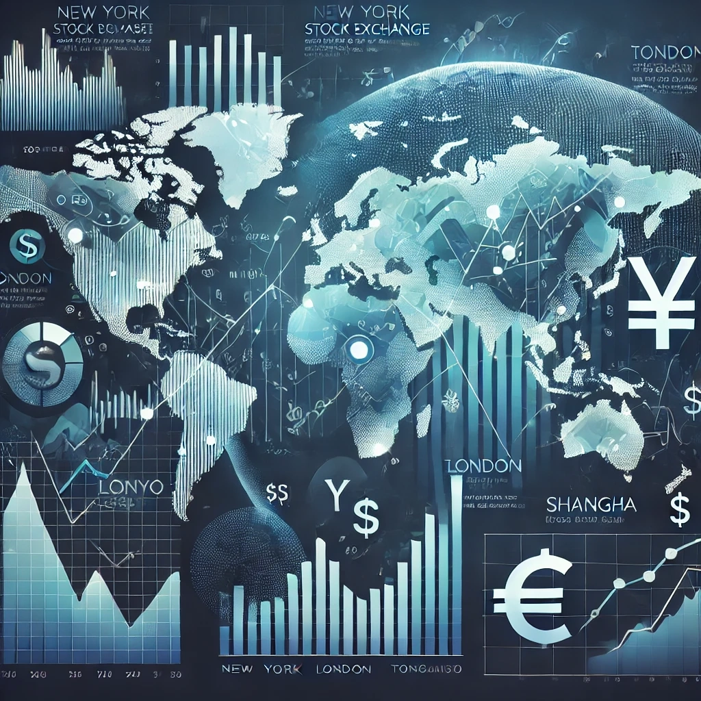 DALL·E 2024-10-25 20.29.45 - An illustration of the global stock market, featuring a world map with major stock exchange locations marked (New York, London, Tokyo, Shanghai). The