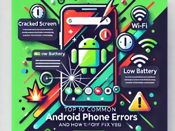 DALL·E 2024-10-28 20.22.36 - A WordPress thumbnail for an article titled 'Top 10 Common Android Phone Errors and How to Fix Them'. The design features an Android smartphone with i