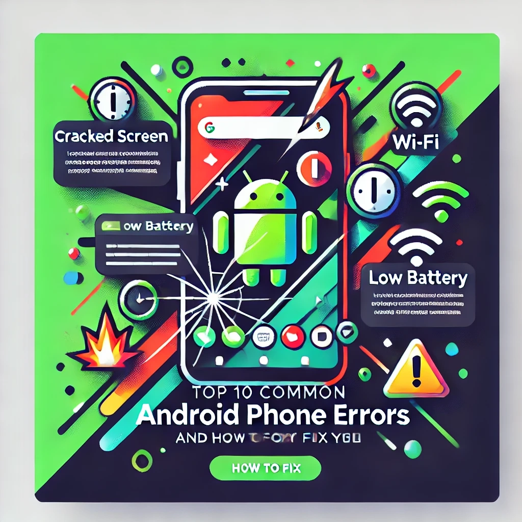 DALL·E 2024-10-28 20.22.36 - A WordPress thumbnail for an article titled 'Top 10 Common Android Phone Errors and How to Fix Them'. The design features an Android smartphone with i