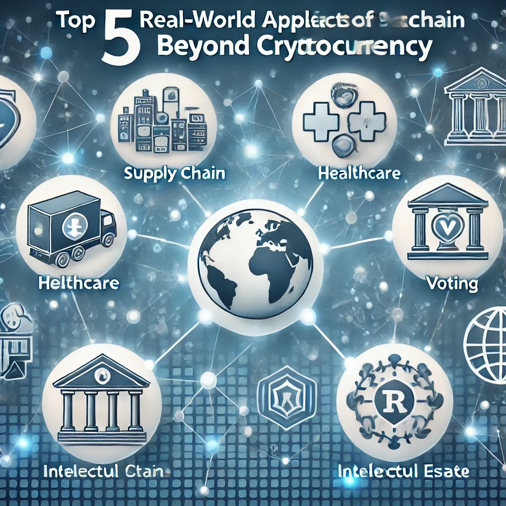 DALL·E 2024-11-03 20.57.28 - A visually engaging WordPress thumbnail for a blog post titled 'Top 5 Real-World Applications of Blockchain Beyond Cryptocurrency.' The image should d