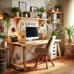 DALL·E 2024-11-03 21.22.29 - A cozy and functional home office setup with a stylish wooden desk, ergonomic chair, and decorative elements like plants, shelves, and warm lighting.