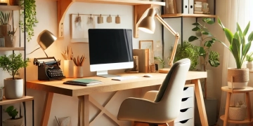 DALL·E 2024-11-03 21.22.29 - A cozy and functional home office setup with a stylish wooden desk, ergonomic chair, and decorative elements like plants, shelves, and warm lighting.