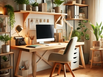 DALL·E 2024-11-03 21.22.29 - A cozy and functional home office setup with a stylish wooden desk, ergonomic chair, and decorative elements like plants, shelves, and warm lighting.