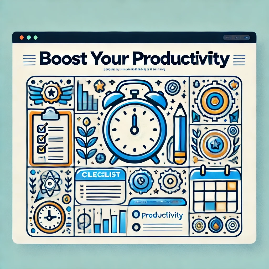 DALL·E 2024-11-03 22.04.43 - A clean, modern thumbnail for a WordPress post about time management and productivity. The design features a clock with various icons symbolizing prod