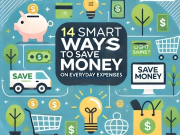 DALL·E 2024-11-04 21.28.21 - A visually appealing thumbnail for a blog post titled '14 Smart Ways to Save Money on Everyday Expenses.' The image should feature a clean, modern des