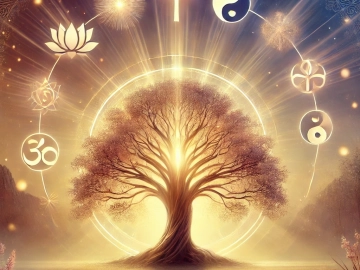 DALL·E 2024-11-09 22.06.22 - A serene, harmonious image of an ancient, glowing tree symbolizing wisdom and enlightenment, with subtle light rays shining through its branches. Arou