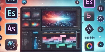 DALL·E 2024-11-22 21.14.02 - A modern and eye-catching WordPress thumbnail for a blog post about video editing software and a step-by-step guide. The design includes a sleek lapto