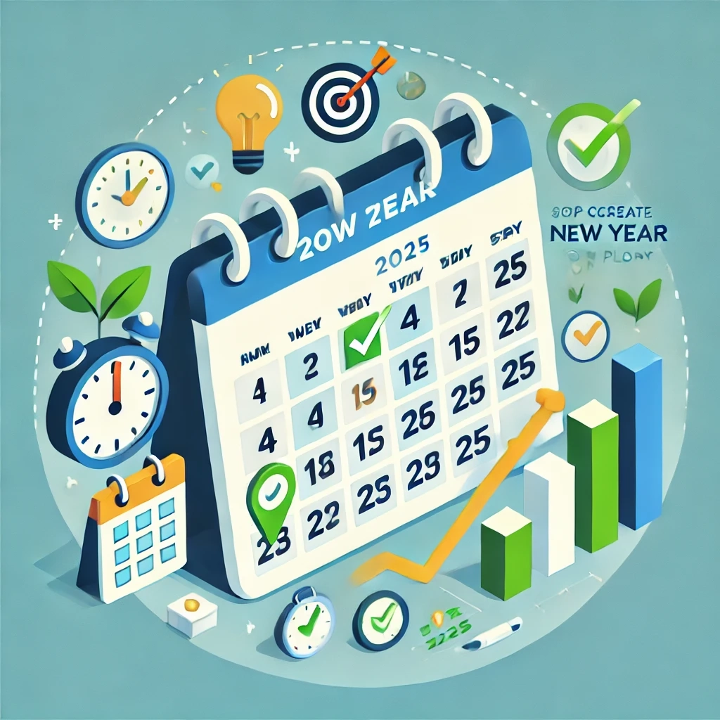 DALL·E 2024-11-22 21.33.55 - A clean, modern and professional WordPress thumbnail for a blog post titled 'How to Create a Successful New Year Plan for 2025_ Step-by-Step Guide to